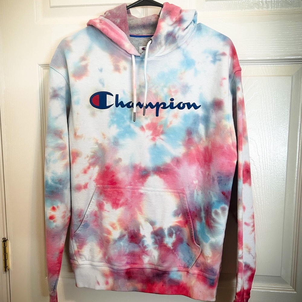 Champion Multicolor Pink Blue Tie-Dye Pullover Sweatshirt Hoodie Medium M